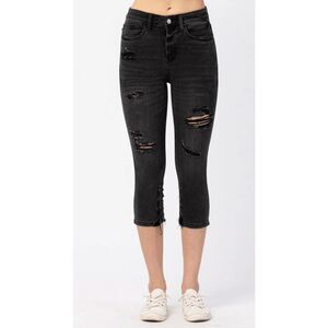Judy Blue Black Distressed Capri Jeans High Waist Skinny Fit Size 15 (32)